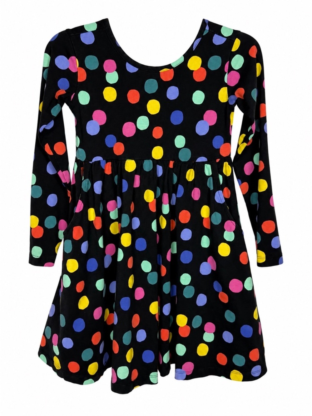 Hanna Andersson Black Polka Dots Swing Dress Size 6-7 Pockets Cotton Long Sleeve